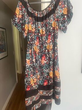 LOFT Black Midi Dress with Yellow, Red and Teal Floral Print